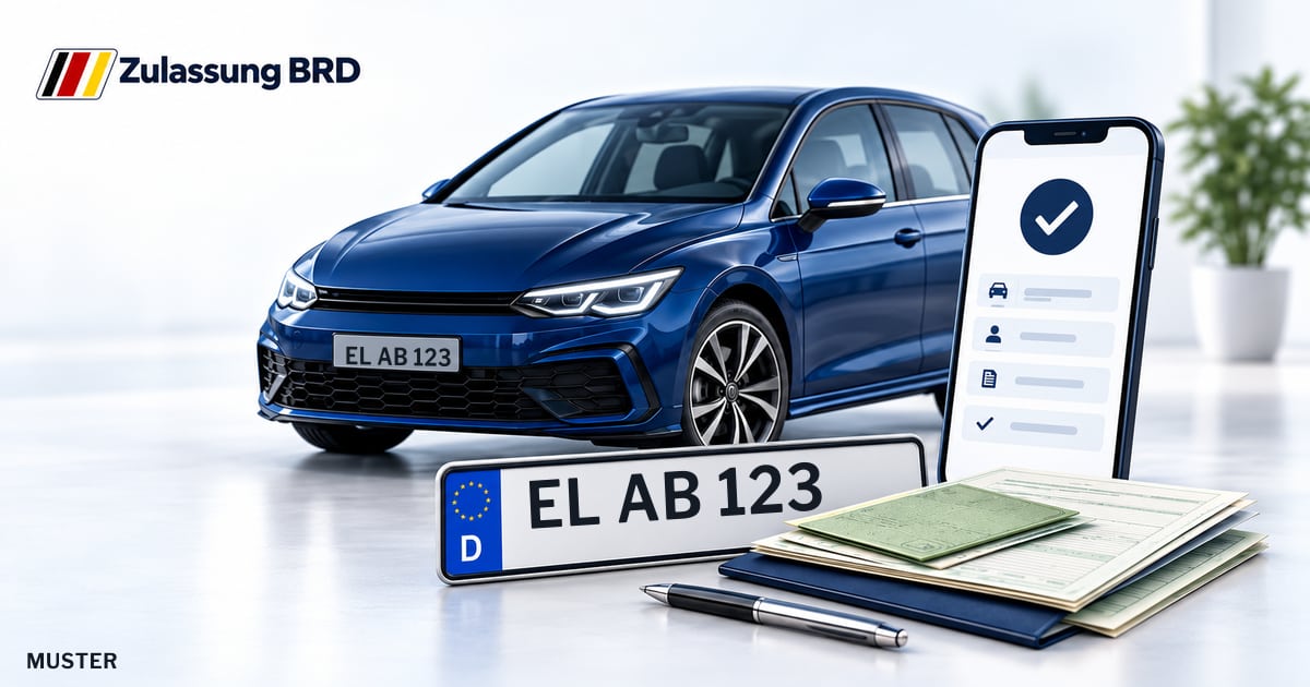Online Fahrzeugzulassung in Emsbüren: Musterkennzeichen EL AB 123, Auto und Fahrzeugpapiere und Smartphone. Illustration mit Logo von Zulassung BRD.